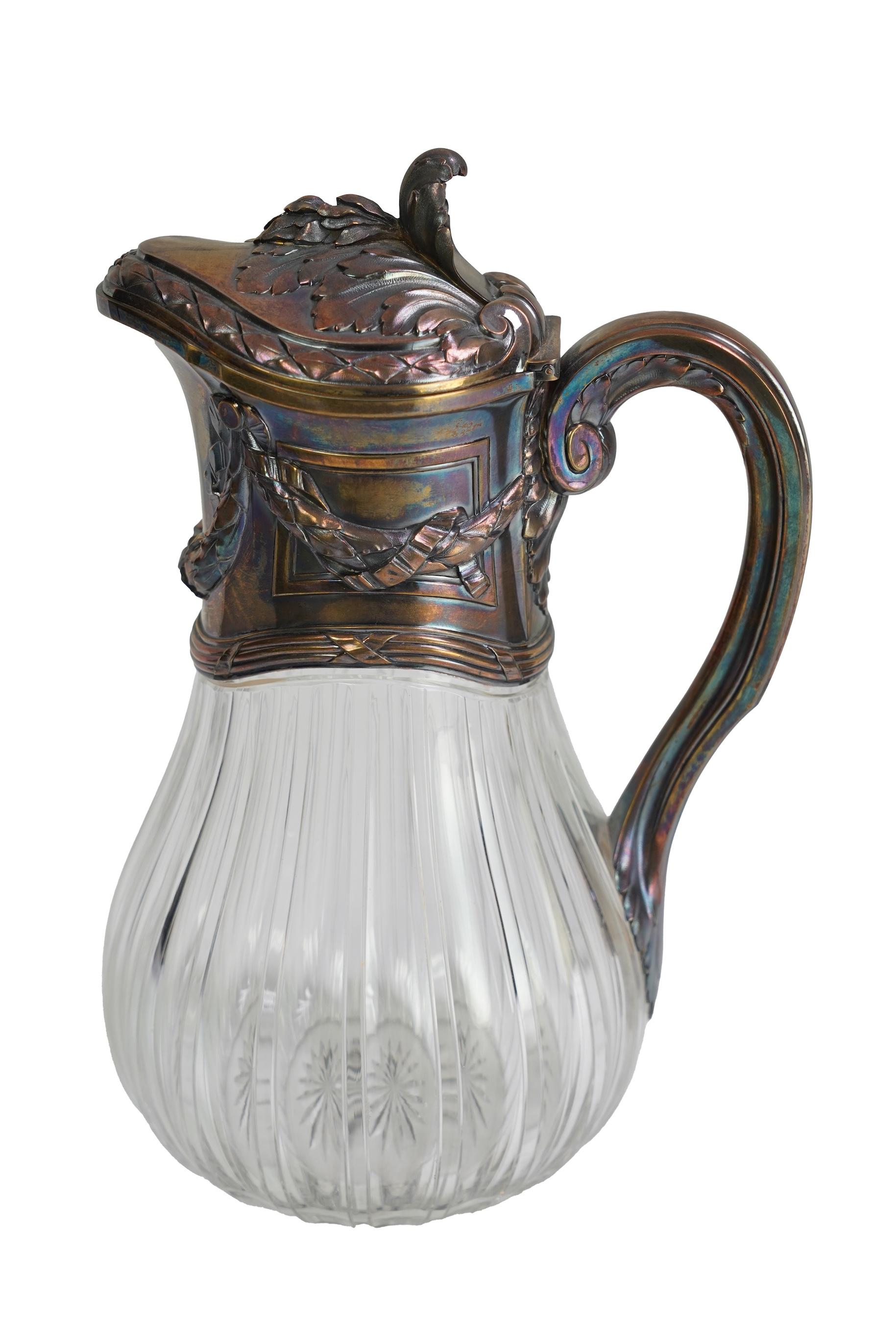 An early 20th century French 950 standard white metal mounted glass claret jug, by Risler & Carre